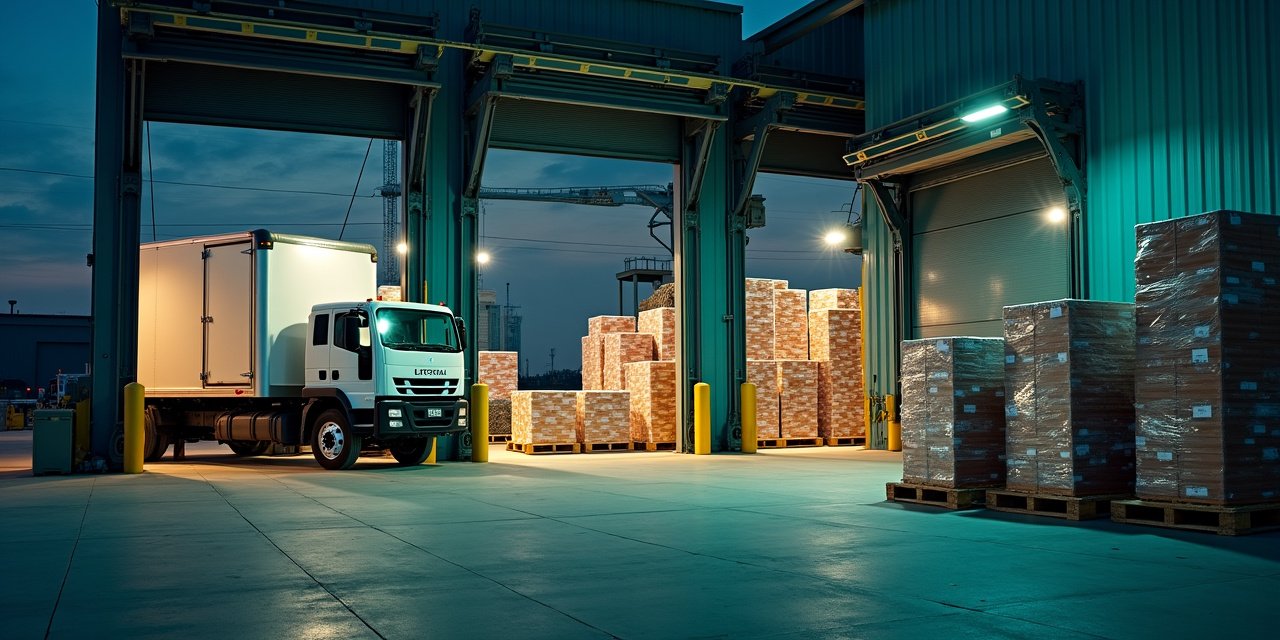 Industrial loading dock with stacked pallets under a gantry crane at dusk