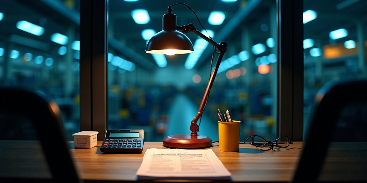 Editorial photograph of a plant finance office desk with a rate swap term sheet under desk lamp light