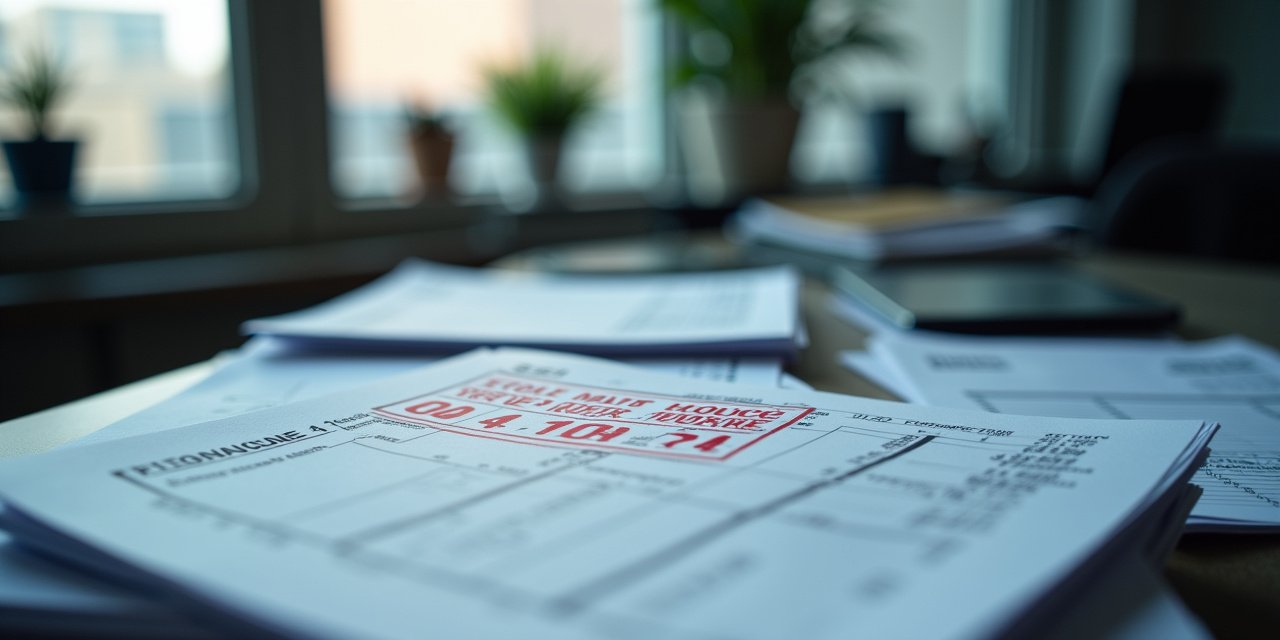 Editorial photograph of an industrial credit office desk with stacked manufacturing invoices and a past-due notice