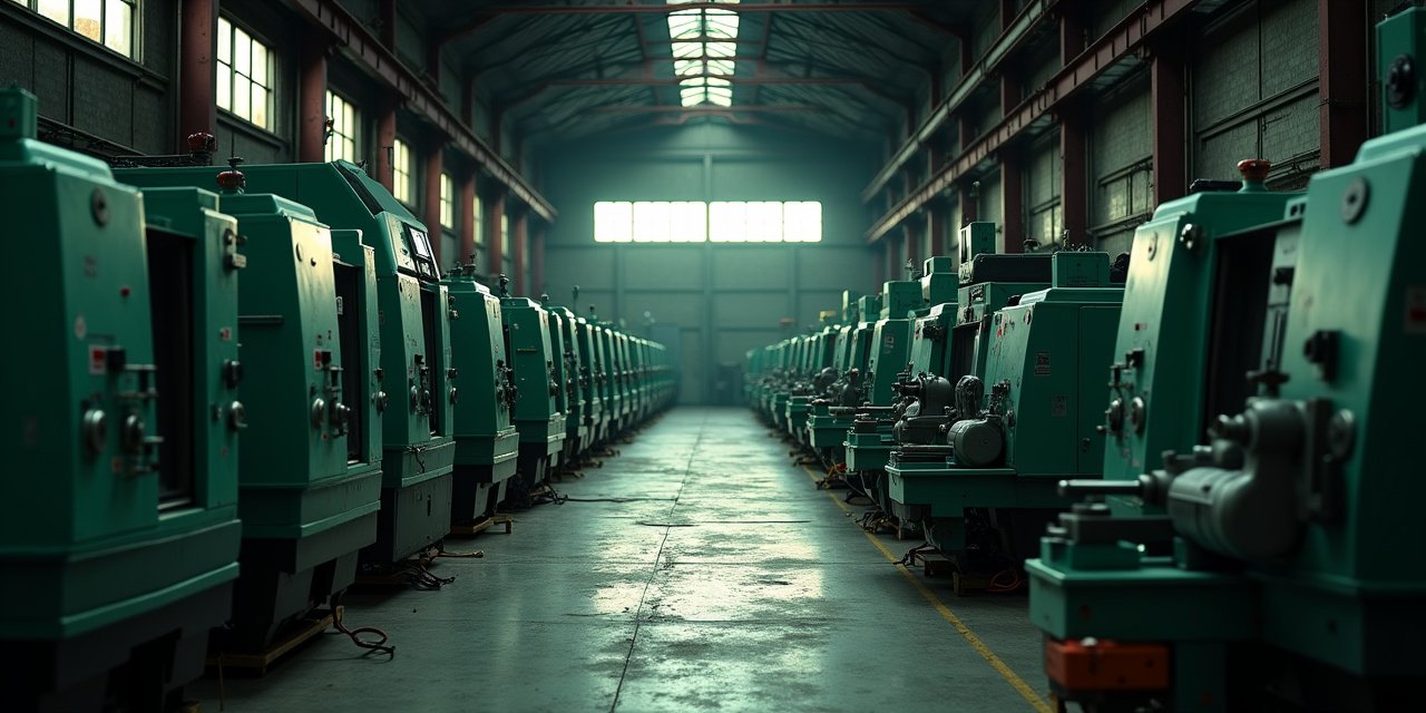 Editorial photograph of rows of idle CNC machining centers in a dim industrial liquidation warehouse